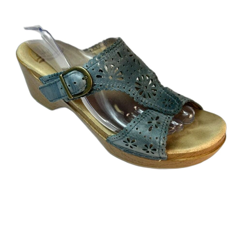 Dansko Womens Blue Floral Cut-Out Leather Platform Clog Sandal Size 39/US 8.5-9